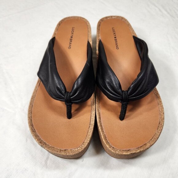 Lucky Brand Womens Size 10 Lellina Corck Platform Wedge Thong Sandal Black   902 - Picture 2 of 10